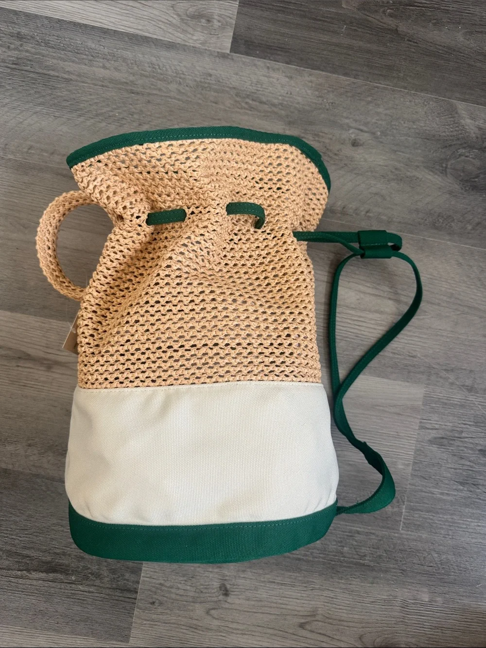 Rosie Assoulin x Target Straw & Cream Drawstring Bag w/Green Trim& Handle NWT